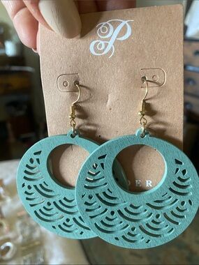 Plunder Pistachio Green Cutout Wooden Hoop Earrings with Gold Hooks